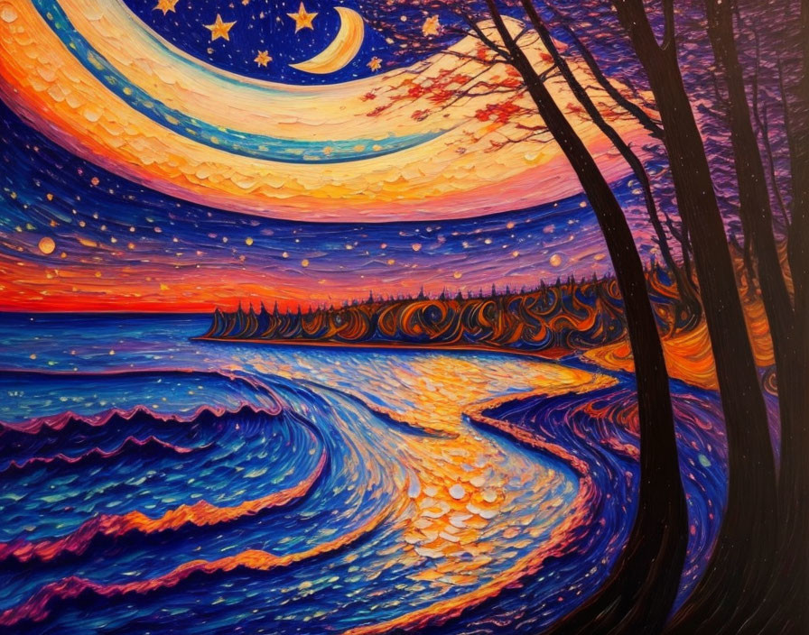 Colorful Night Sky Painting with Crescent Moon and Swirling Sea