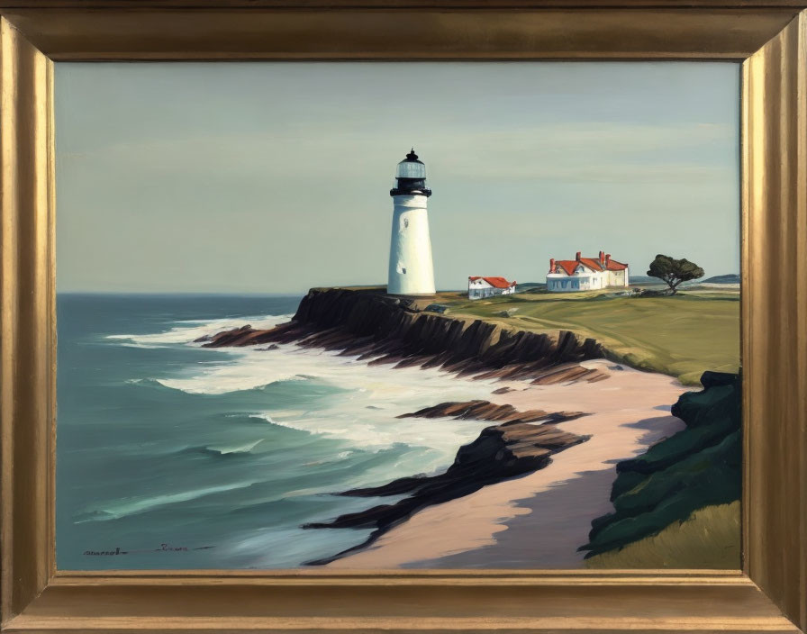 White lighthouse on cliff with buildings by the sea, brown wood frame, signature in corner