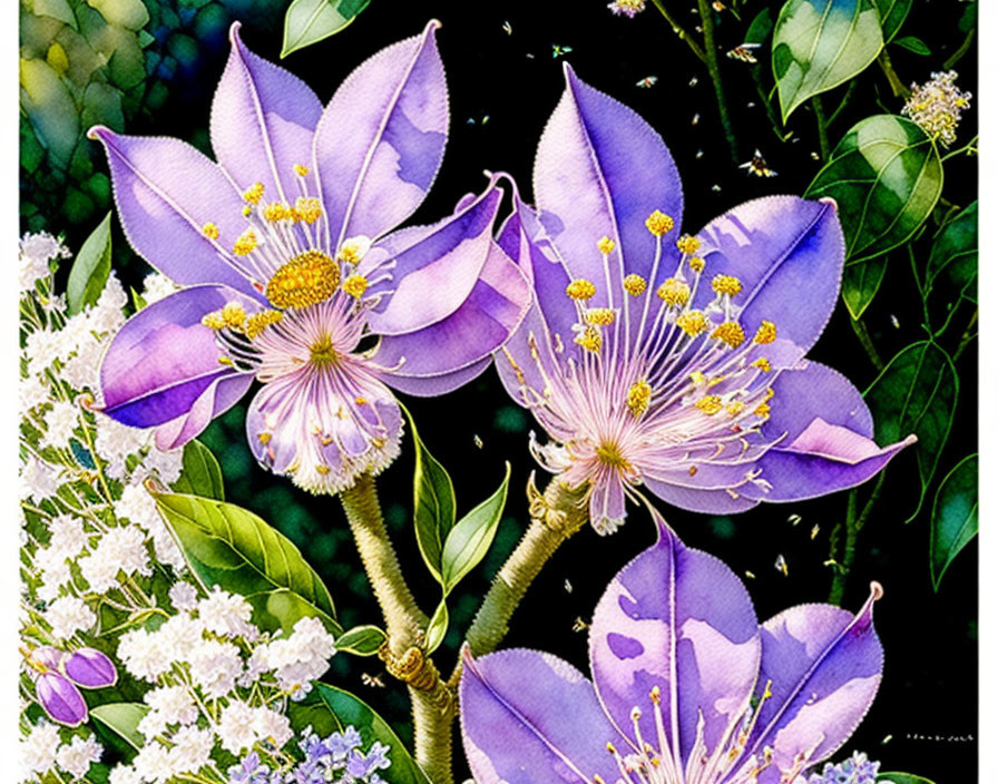 Purple and Yellow Flowers in White Blossoms on Dark Background