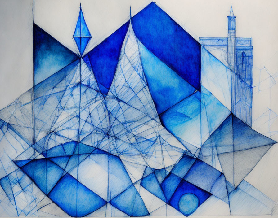 Geometric Blue Abstract Art: Triangles, Tall Structure, Circles in Pencil & Watercolor