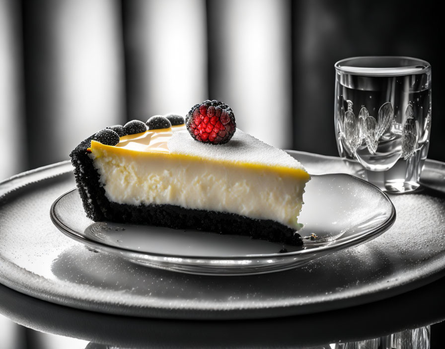 Creamy Cheesecake Slice with Fresh Berries on Dark Crust Plate