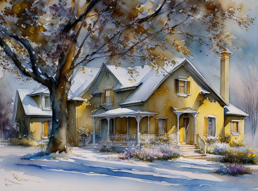 Winter-themed watercolor painting of a cozy yellow house in snowy landscape