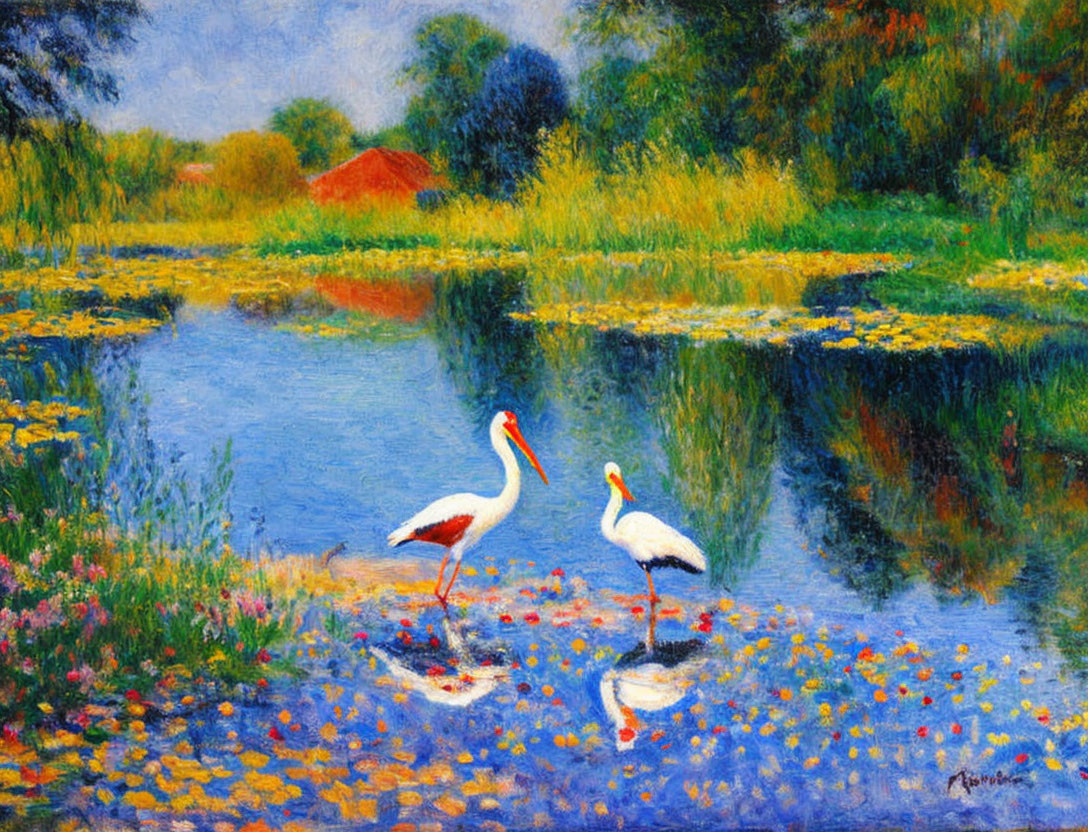 Impressionist painting: White storks by blue river, greenery, flowers, red-roof