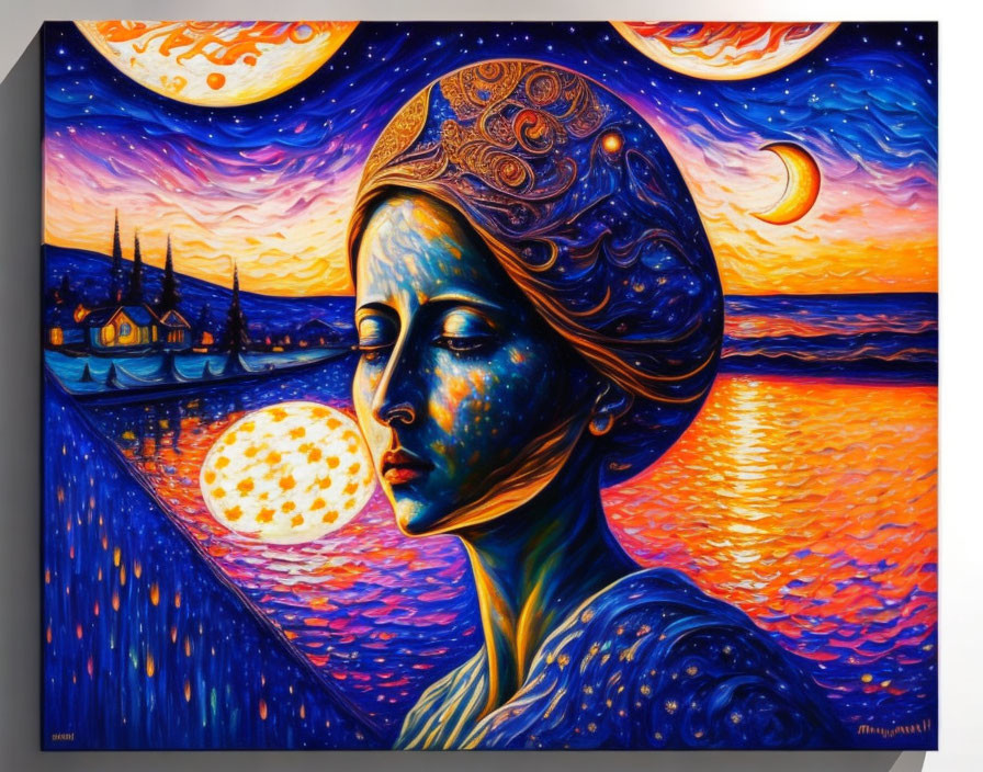 Portrait blending with landscape: woman with starry night sky hair by seaside sunset