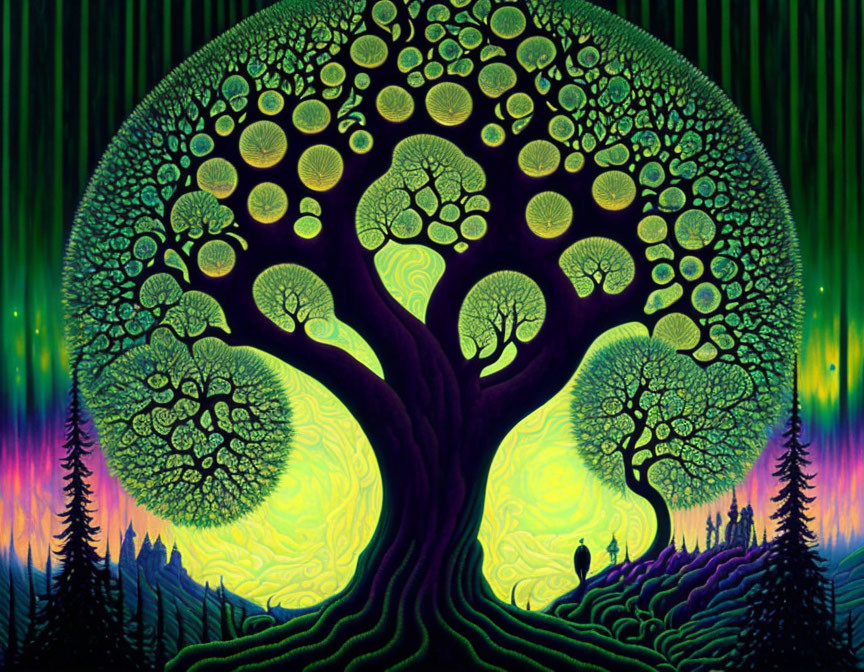 Colorful painting of grand tree with intertwined branches under starry sky