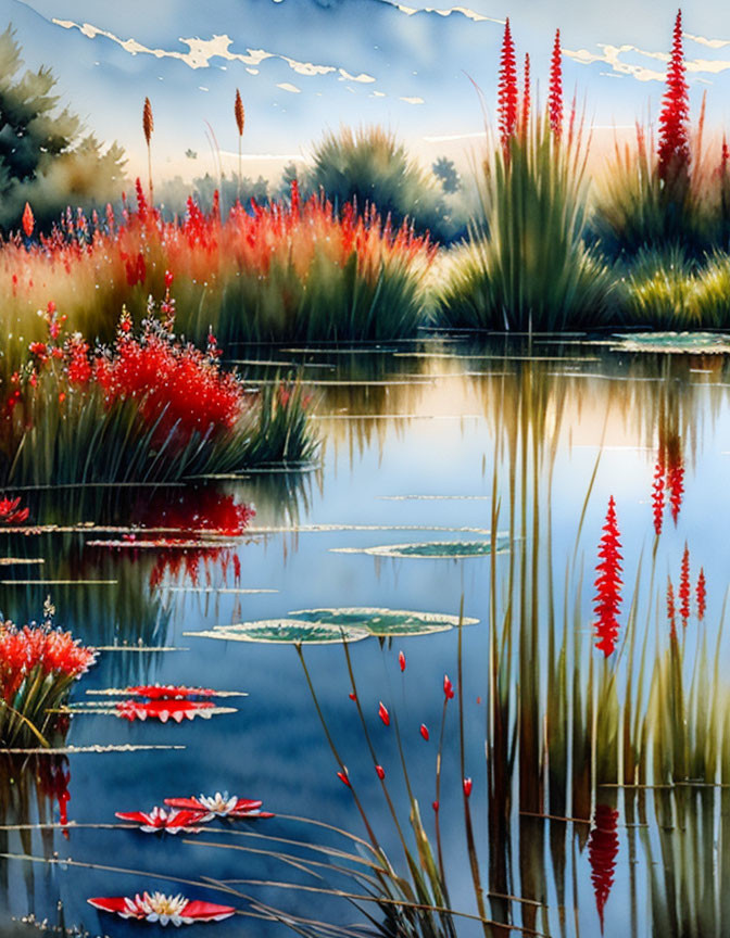 Tranquil watercolor painting of serene lake with water lilies and vibrant red flowers