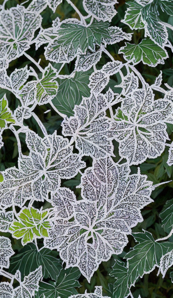 Intricate Frost Patterns on Green Leaves