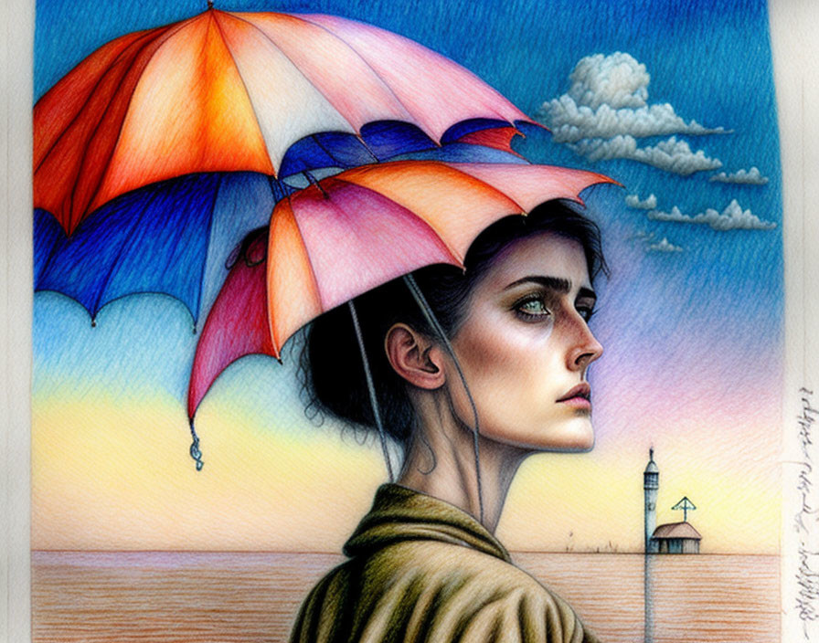 Vibrant profile illustration of woman with colorful umbrella-like hair overlooking the sea