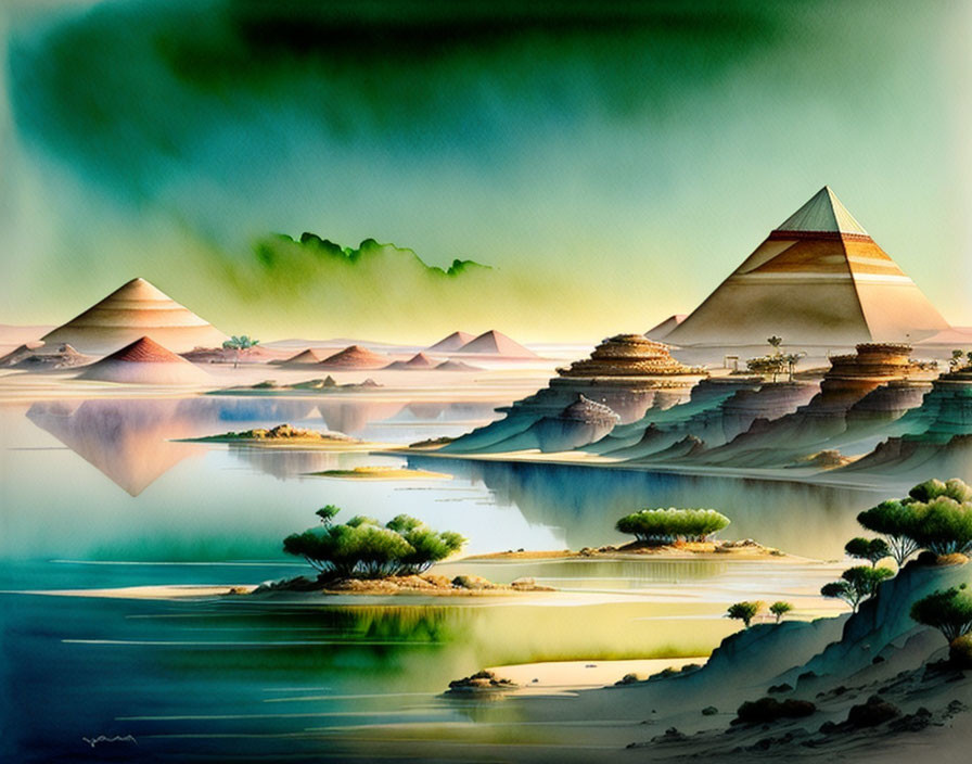 Egyptian Pyramids Reflected on Tranquil Water in Desert Landscape