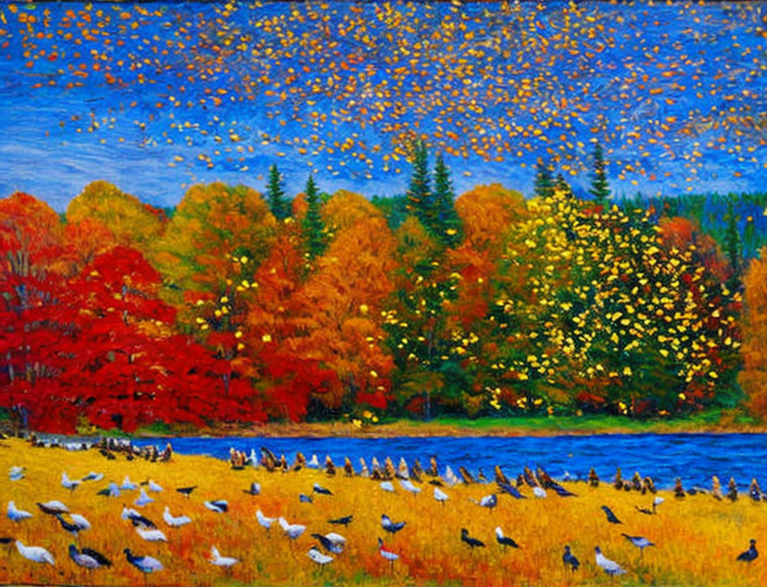 Colorful autumn landscape with river, birds, and field.