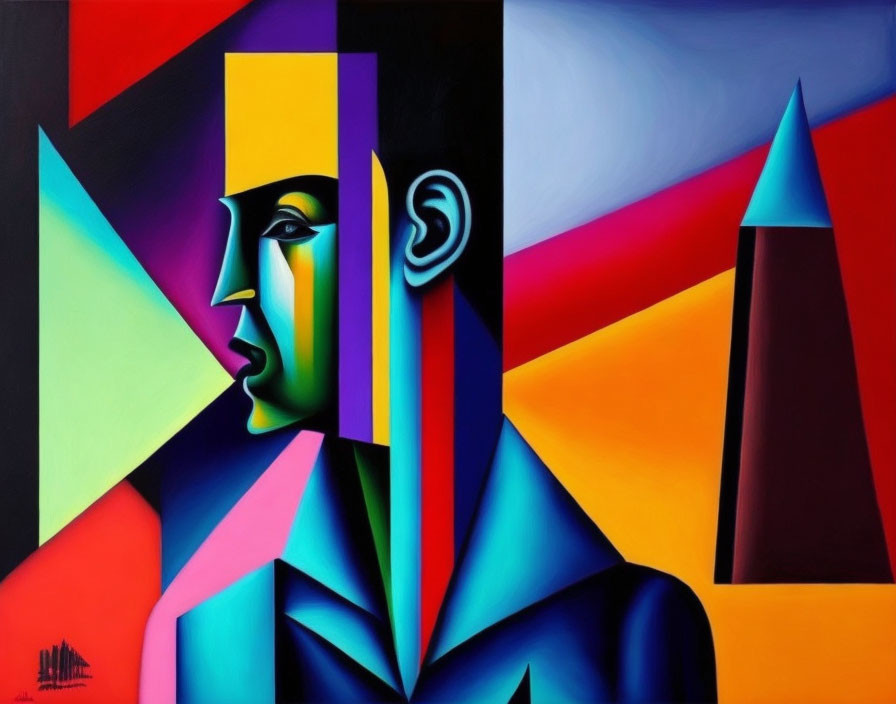 Colorful Abstract Portrait with Geometric Shapes and Cubist Influences