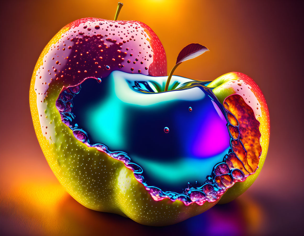 Colorful surreal apple with liquid core on warm gradient background