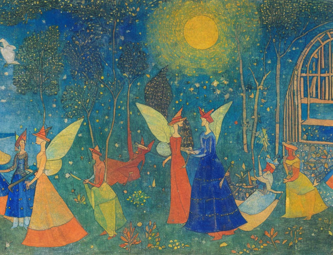 Medieval-style illustration of figures dancing in a garden under a yellow sun