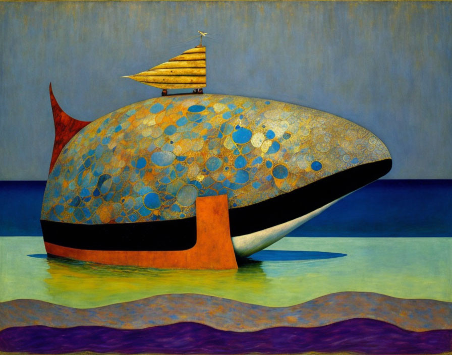 Whimsical painting of fish-like submarine on peaceful sea