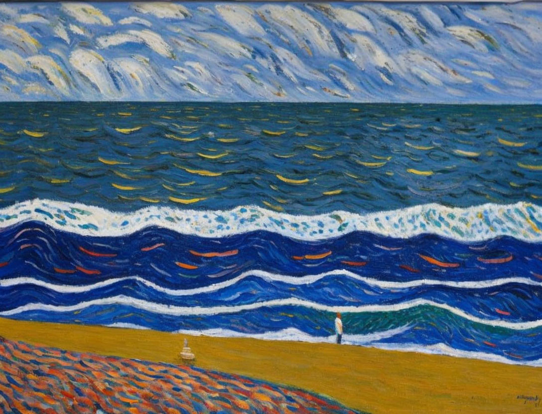 Vibrant Impressionist Seascape with Blue Waves and Lone Figure