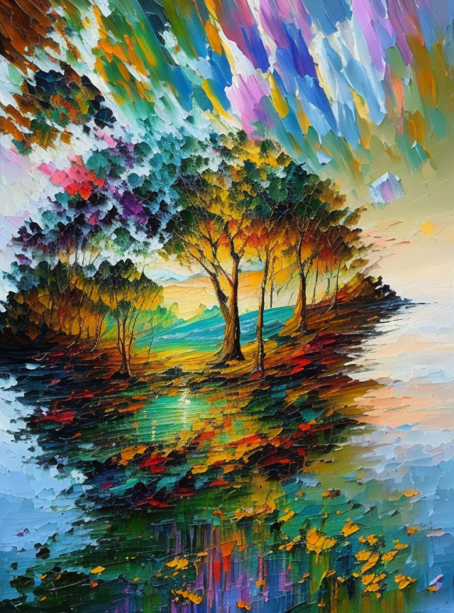 Trees by Water: Impressionist Style Painting with Colorful Sky