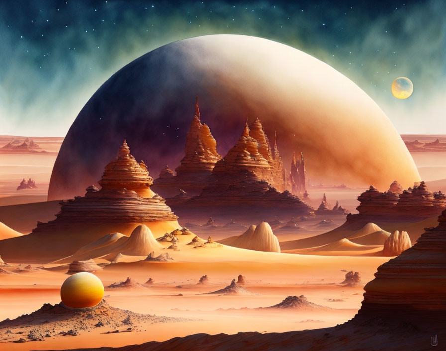 Surreal desert landscape with towering rock formations under a vast sky