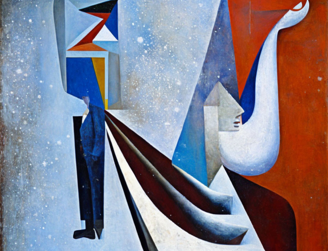 Geometric abstract painting in blue and orange hues with fragmented shapes and human figure silhouette