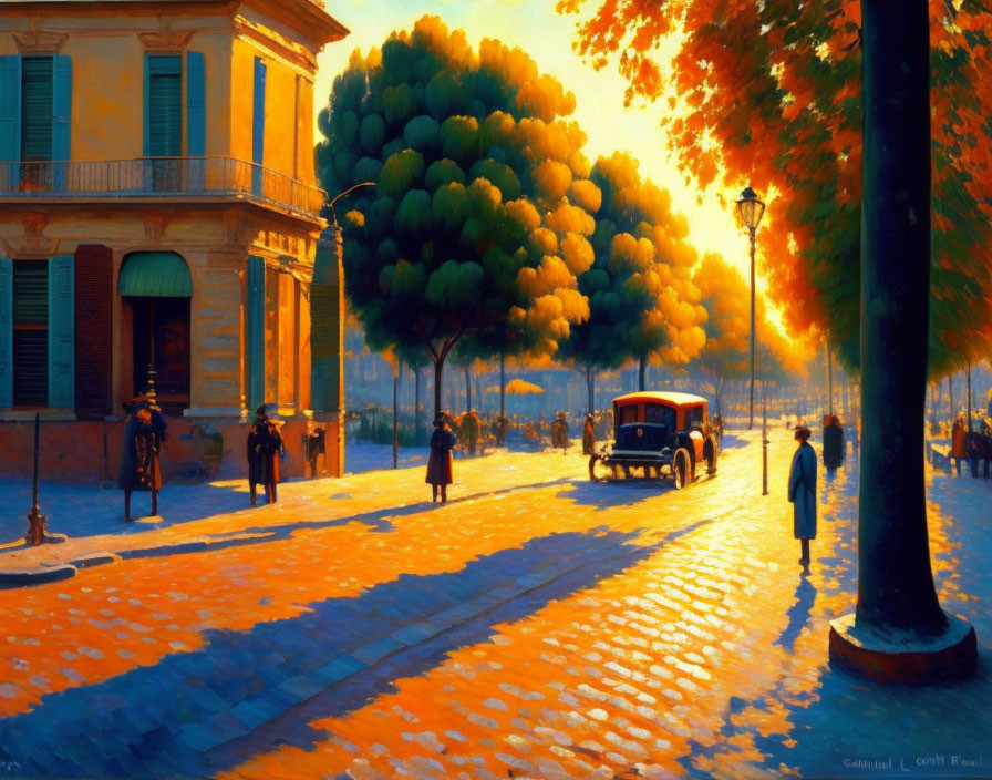 Vivid painting of golden sunset on bustling street with vintage car