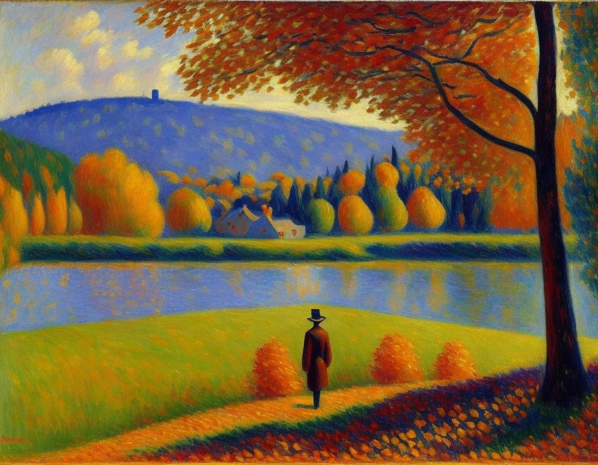 Person in hat admiring autumn lake scene