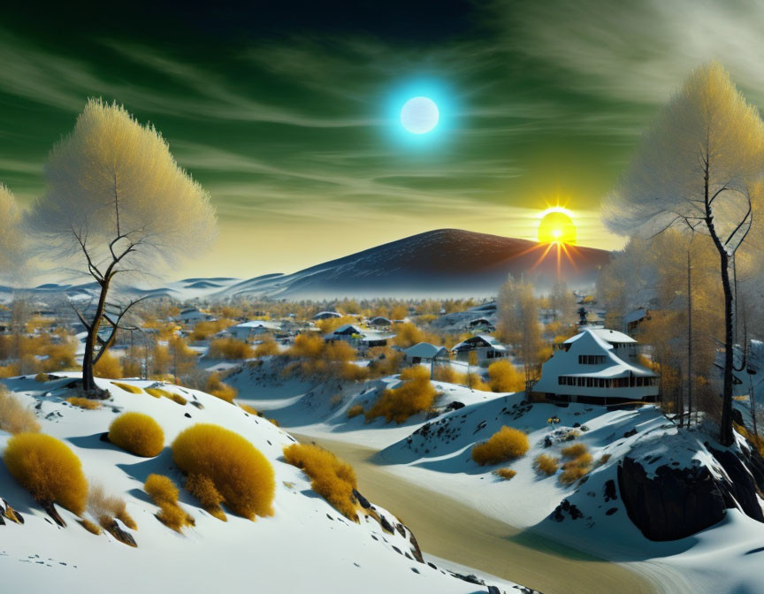 Snow-covered hills, village, yellow trees, and celestial bodies in serene winter landscape