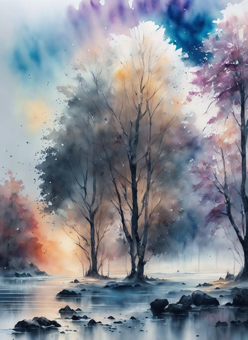 Tranquil Watercolor Landscape with Misty Trees and Autumnal Colors