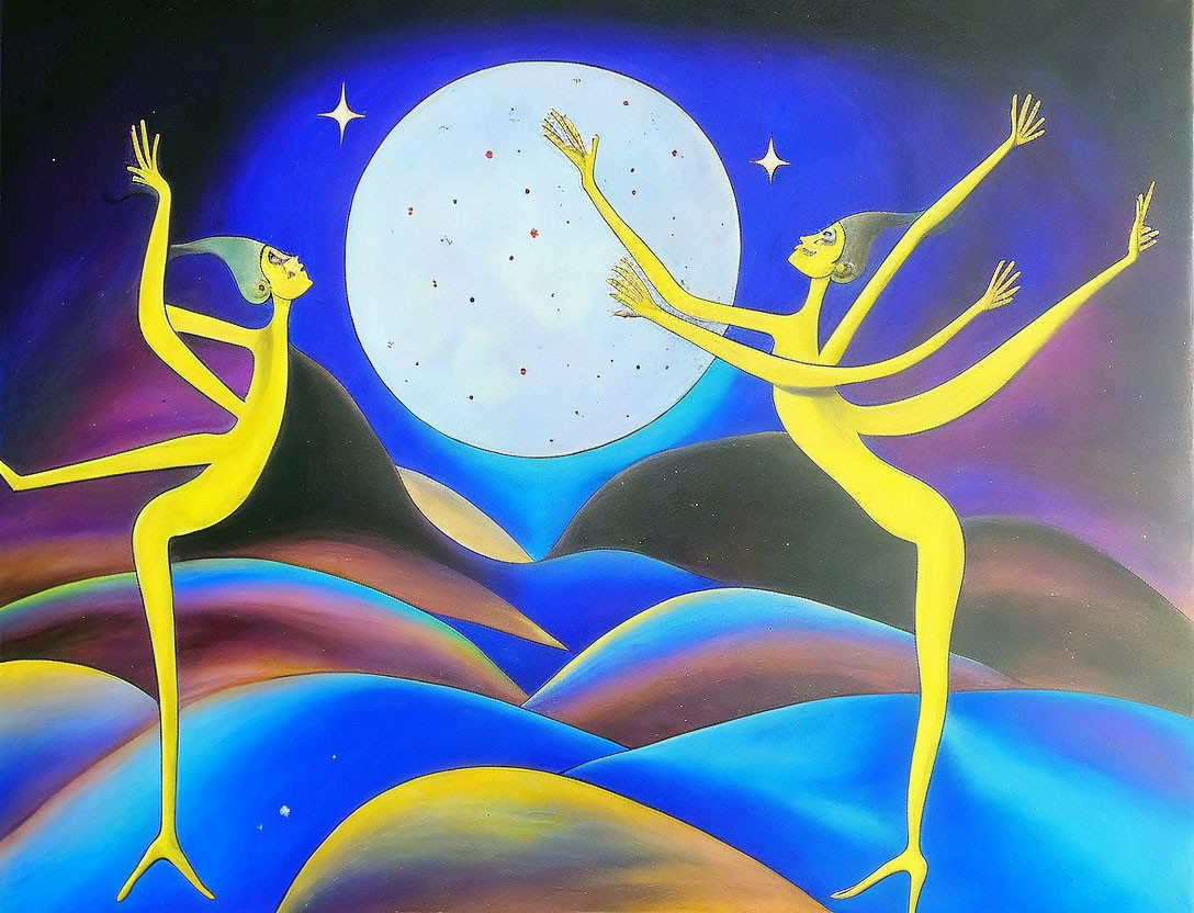 Stylized yellow figures dancing on blue waves under a night sky