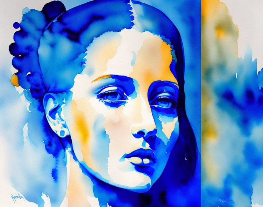 Colorful Watercolor Painting of Woman's Face in Blue and Yellow