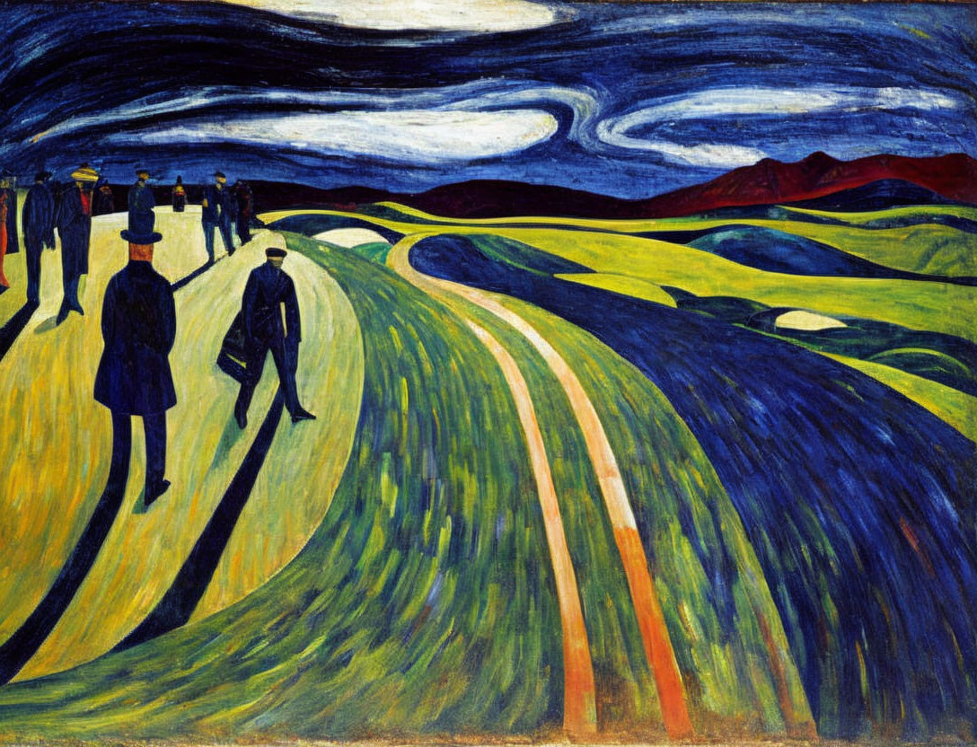 Expressionist painting of people walking on swirling path under blue sky