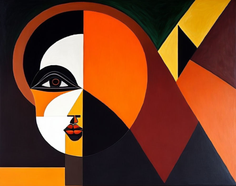 Geometric Cubist Human Face Painting in Black, White, Orange, and Earth Tones