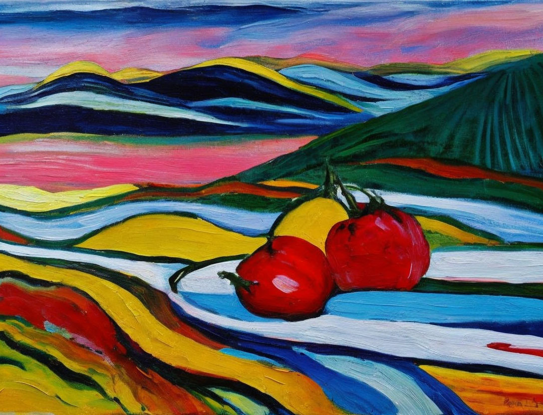 Colorful Oil Painting of Red Cherries and Abstract Landscape