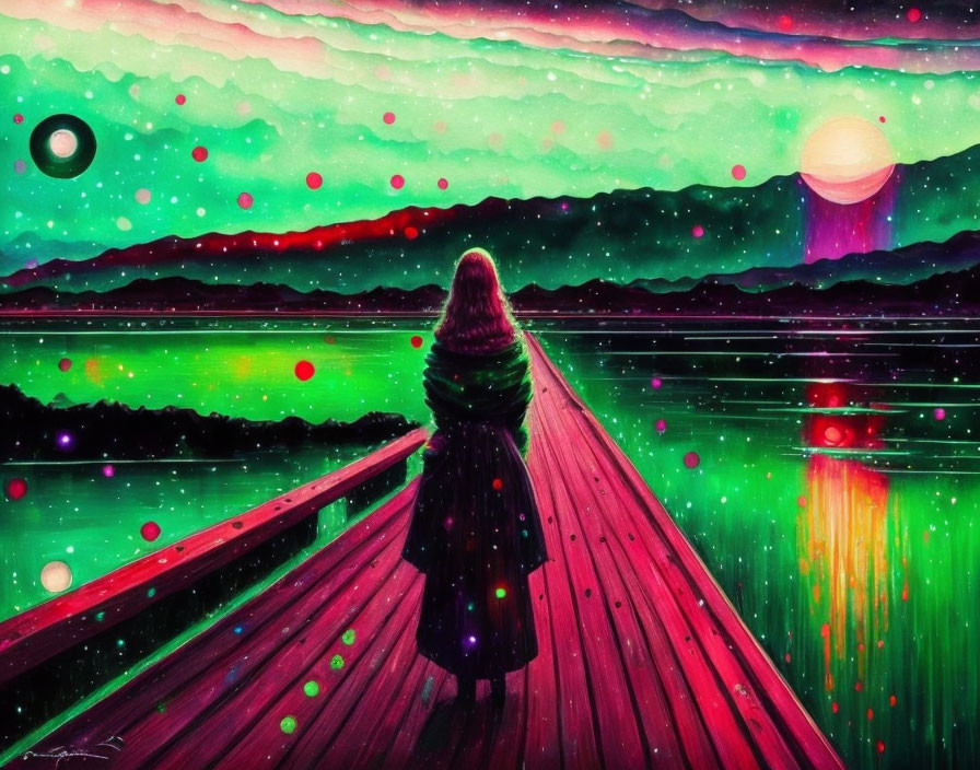 Person standing on wooden bridge in surreal landscape with green aurora sky, sunset, and glowing orbs