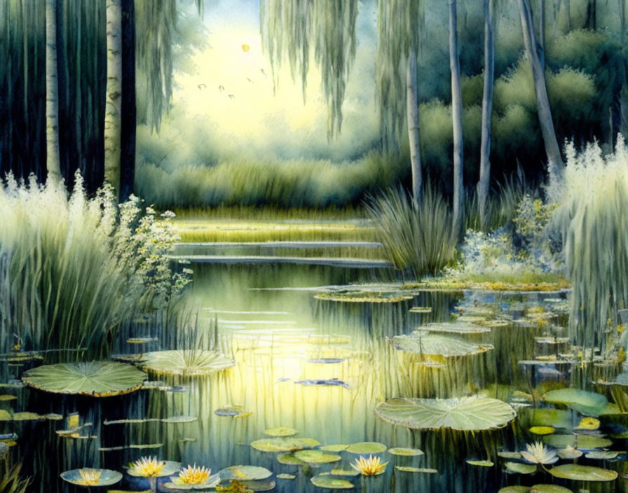 Tranquil forest pond with lily pads, tall trees, and misty glow