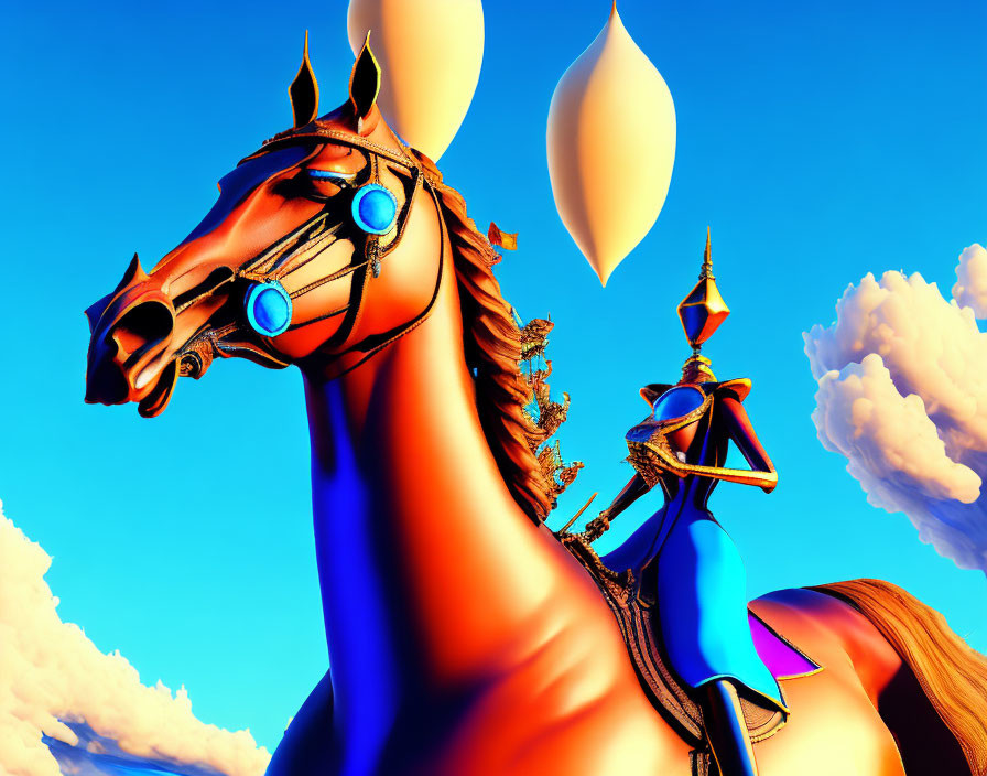 Stylized digital artwork of a mechanical horse with glowing blue eyes and ornate decorations