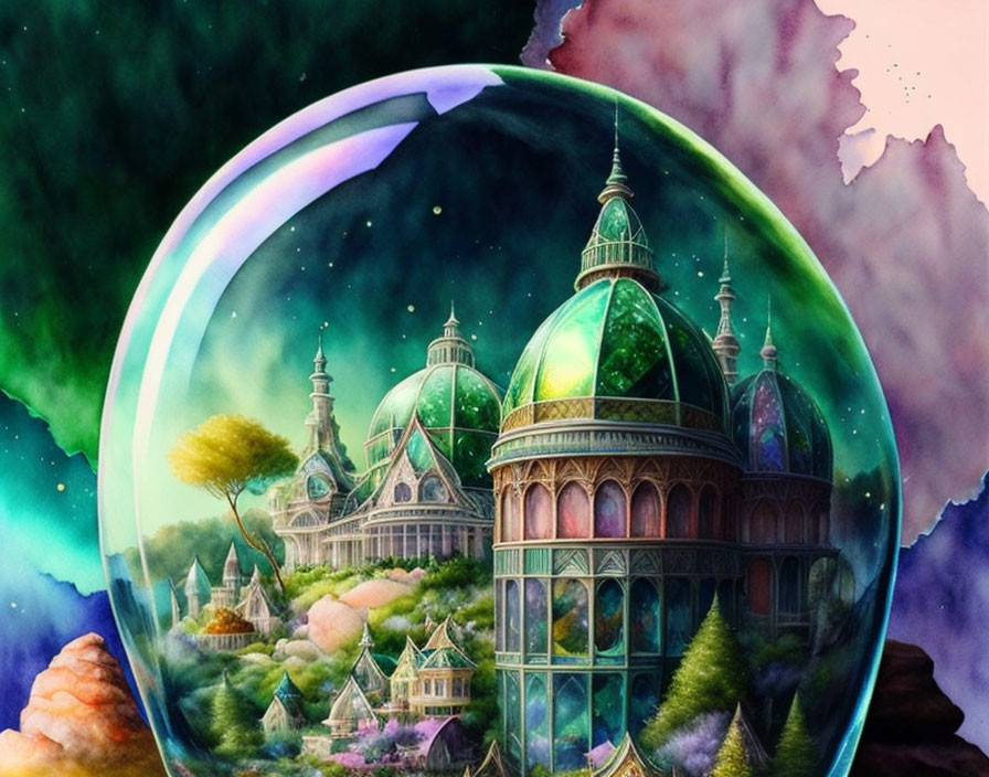 Fantasy landscape with ornate domed buildings under colorful sky