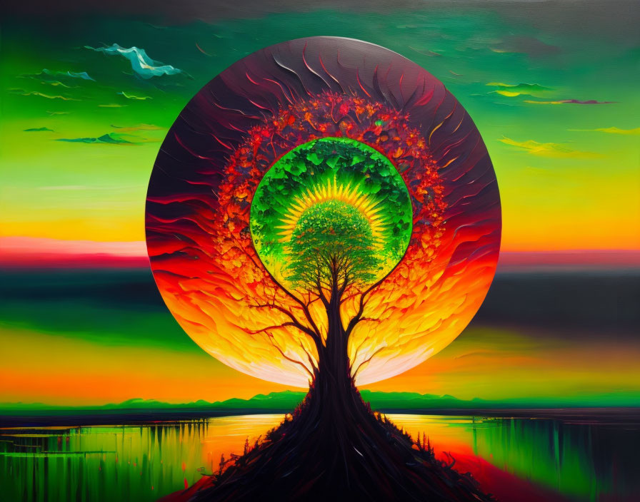 Colorful painting of solitary tree against fiery sunset background.