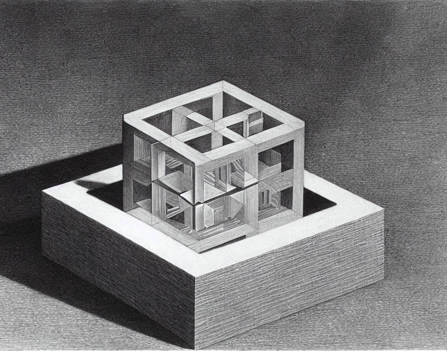 Detailed pencil sketch of impossible cube structure with optical illusion and textured shading