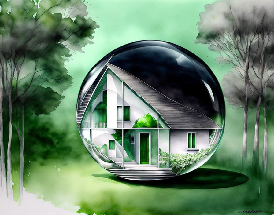 Surreal modern house in transparent bubble amidst misty green woods