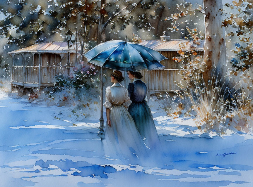 Vintage Attired Couple Sharing Umbrella in Snowy Winter Scene