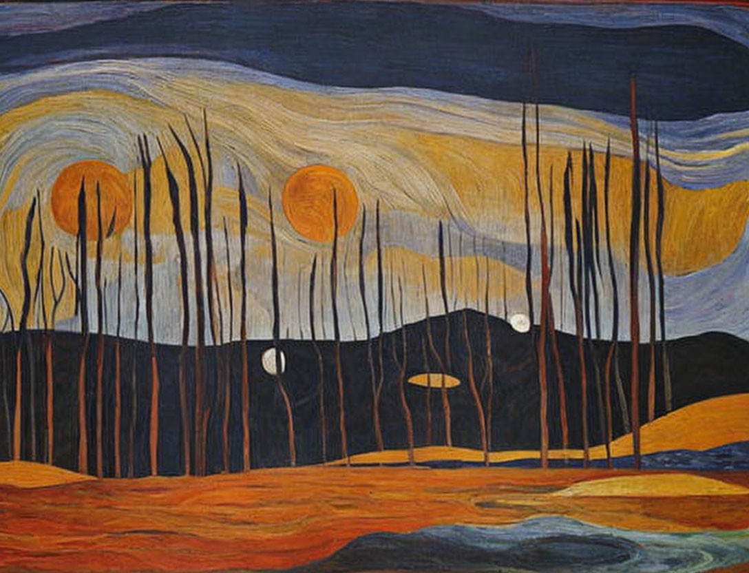 Swirling skies, sun-like orbs, barren trees in warm palette