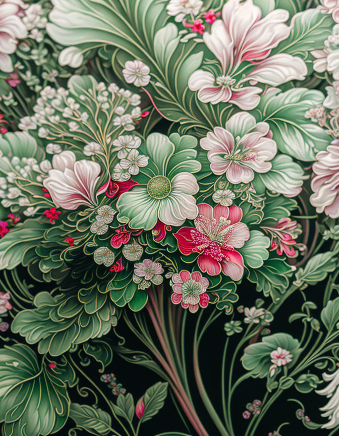 Detailed Illustration of Pink and White Flowers on Dark Background