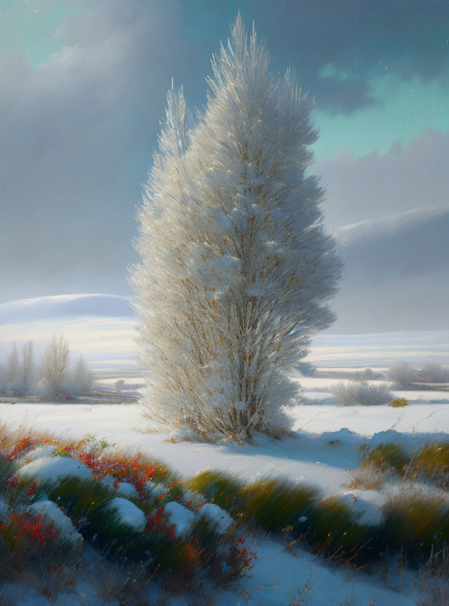 Frost-covered tree in snowy landscape with aurora and vibrant bushes