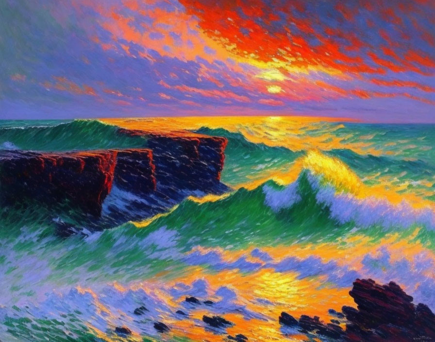 Vibrant Ocean Sunset Painting with Fiery Skies and Crashing Waves