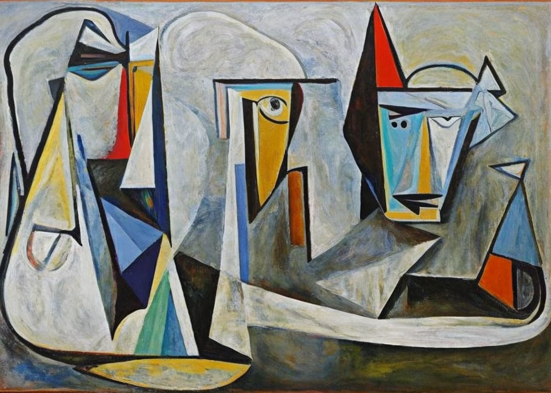 Geometric Cubist Painting with Abstract Figures in Muted Tones