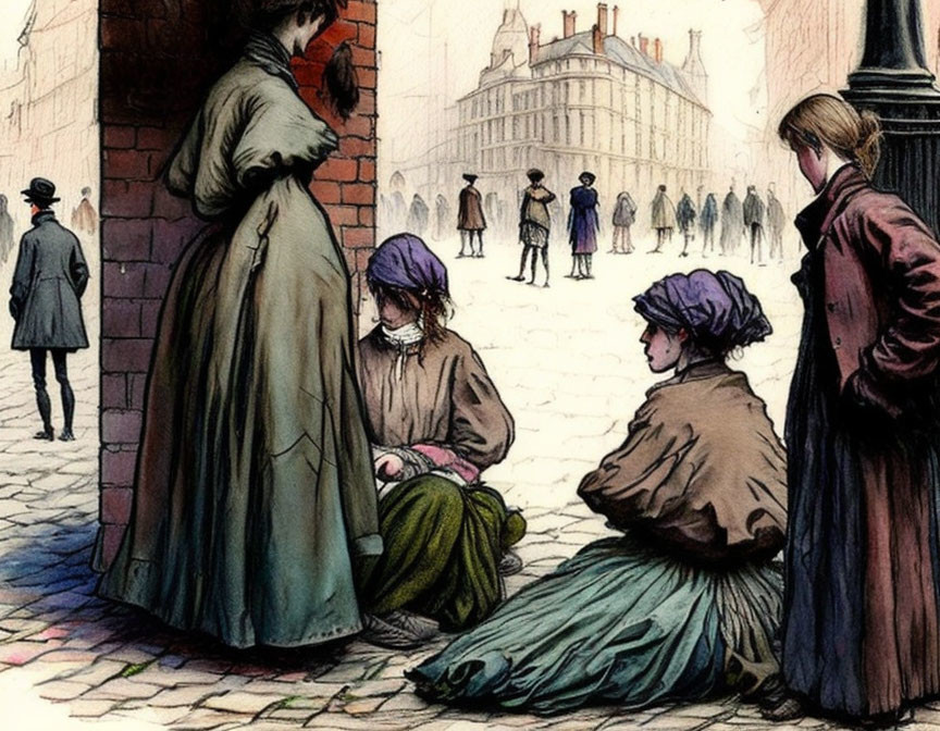 Historical illustration of women in period clothing interacting.