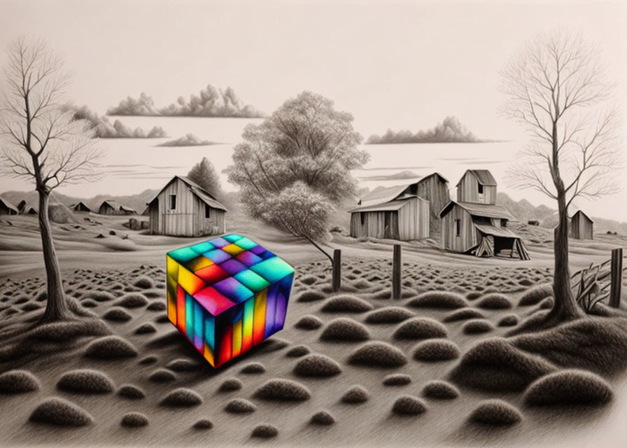 Colorful Rubik's Cube in grayscale rural landscape with barns, trees, and fence