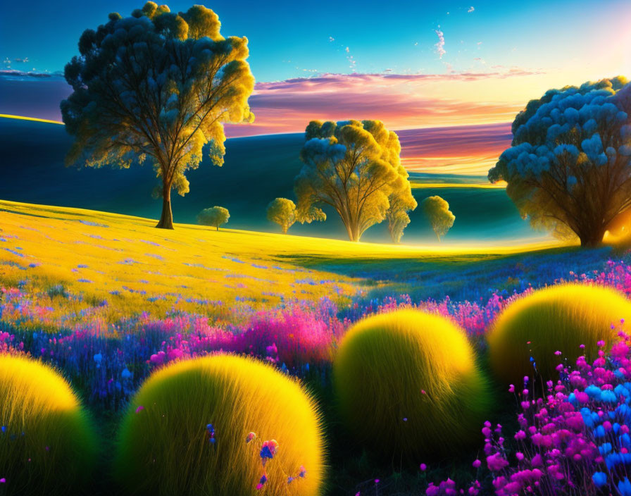 Colorful Landscape with Sunlit Tree and Glowing Plants