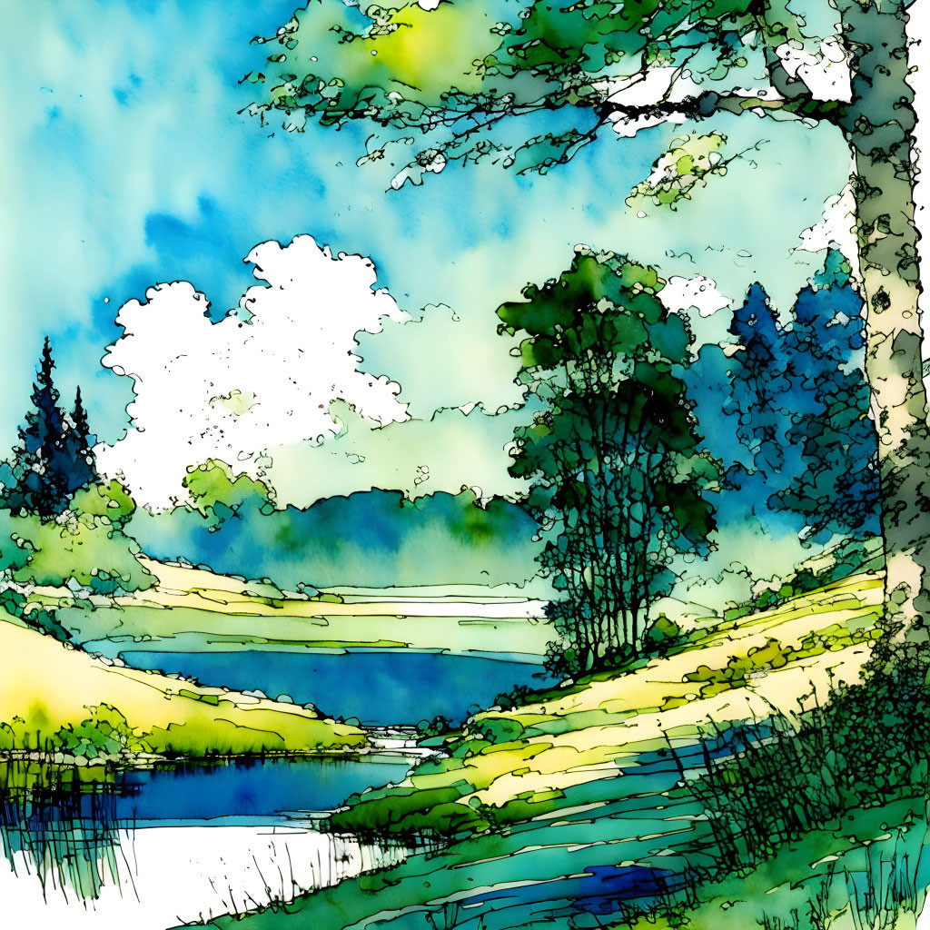 Serene lake landscape with lush trees and bright sky