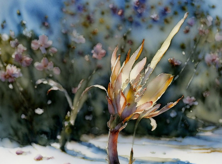 Delicate Bird of Paradise Flower Watercolor Painting in Soft Blue and White Hues