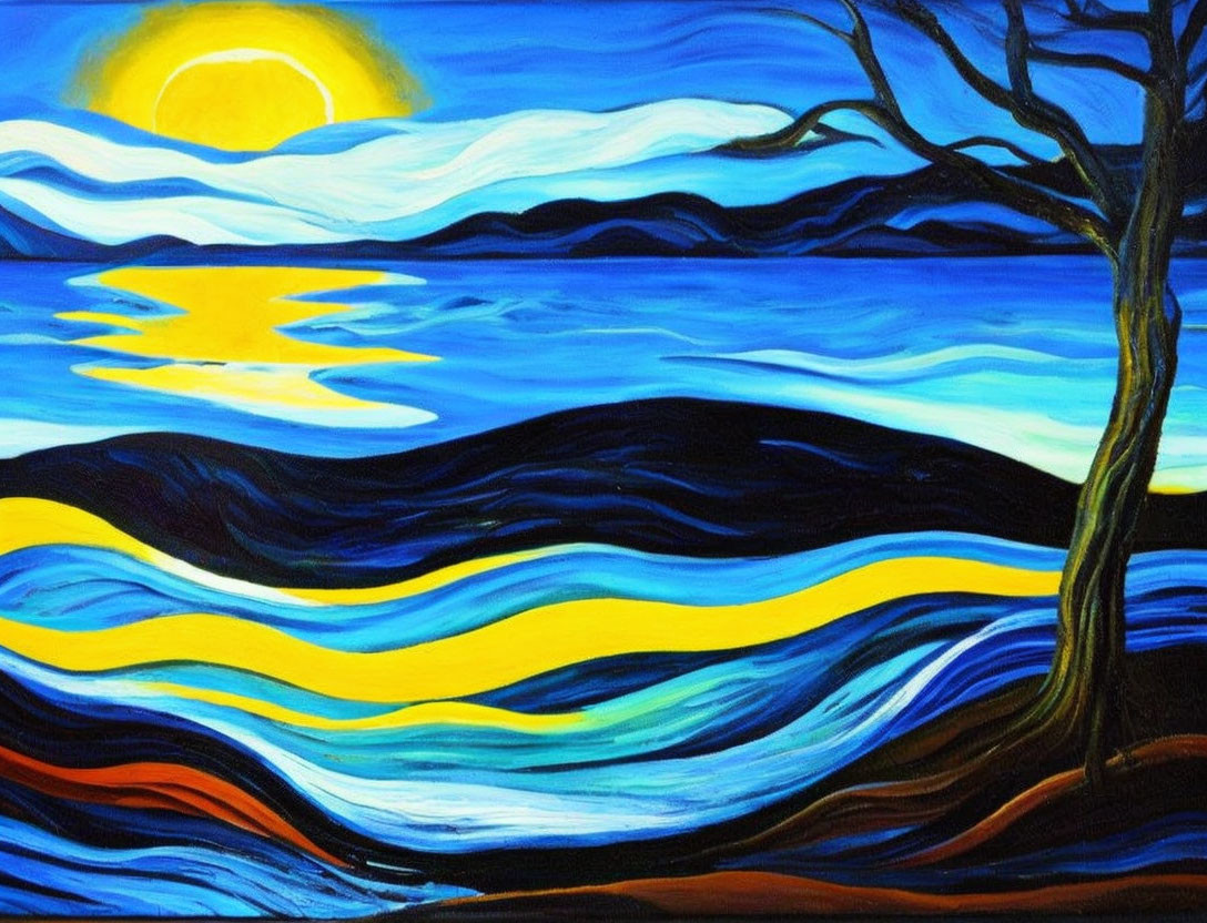 Colorful sunset painting with stylized sun, sea, and tree.